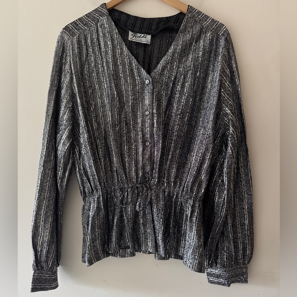 Vintage Teddi Silver Metallic Sparkly Button Down Top Tie Adjustable Waist